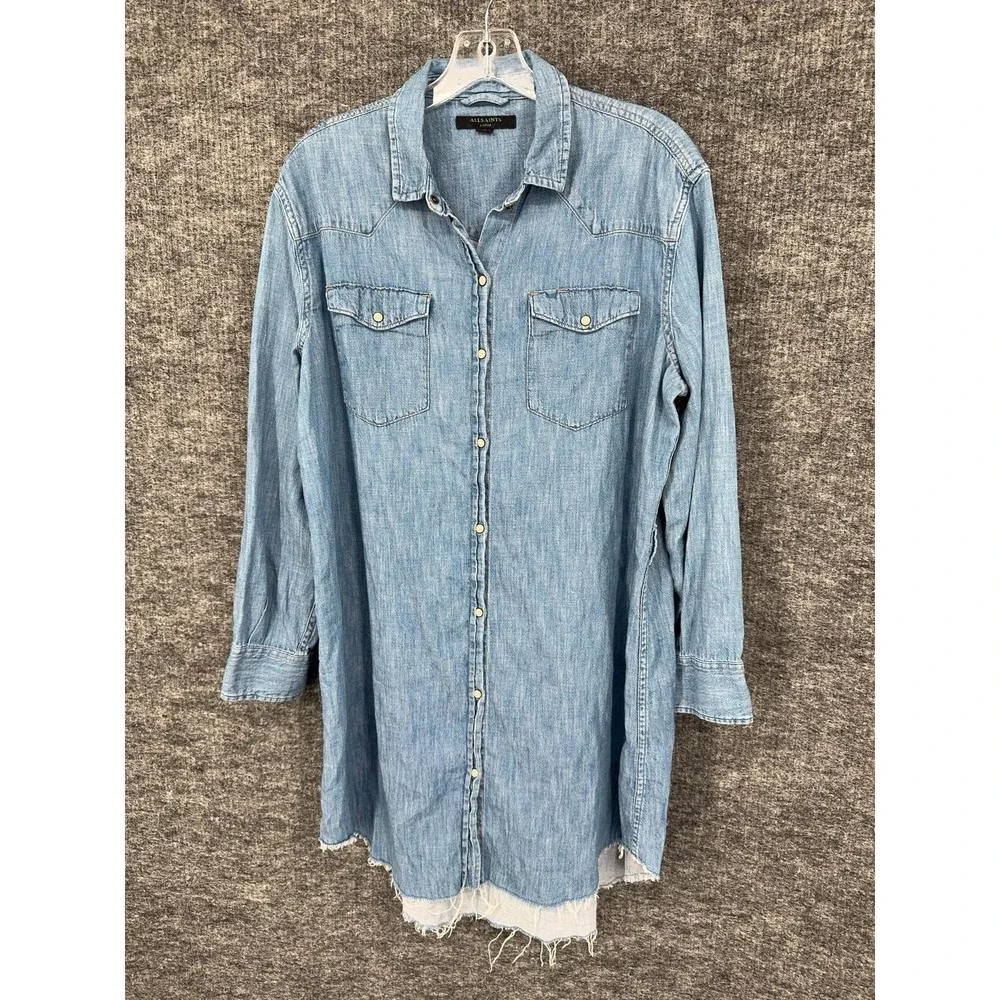 AllSaints Shirt Dress Womens L Blue Zelda Denim Western Button Front Frayed Hem
